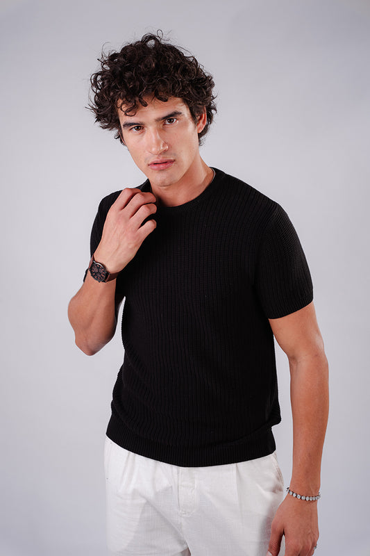 Basic Crochet Knit Shirt- Black