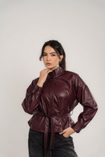 Wine Leather Belted Light Jacket