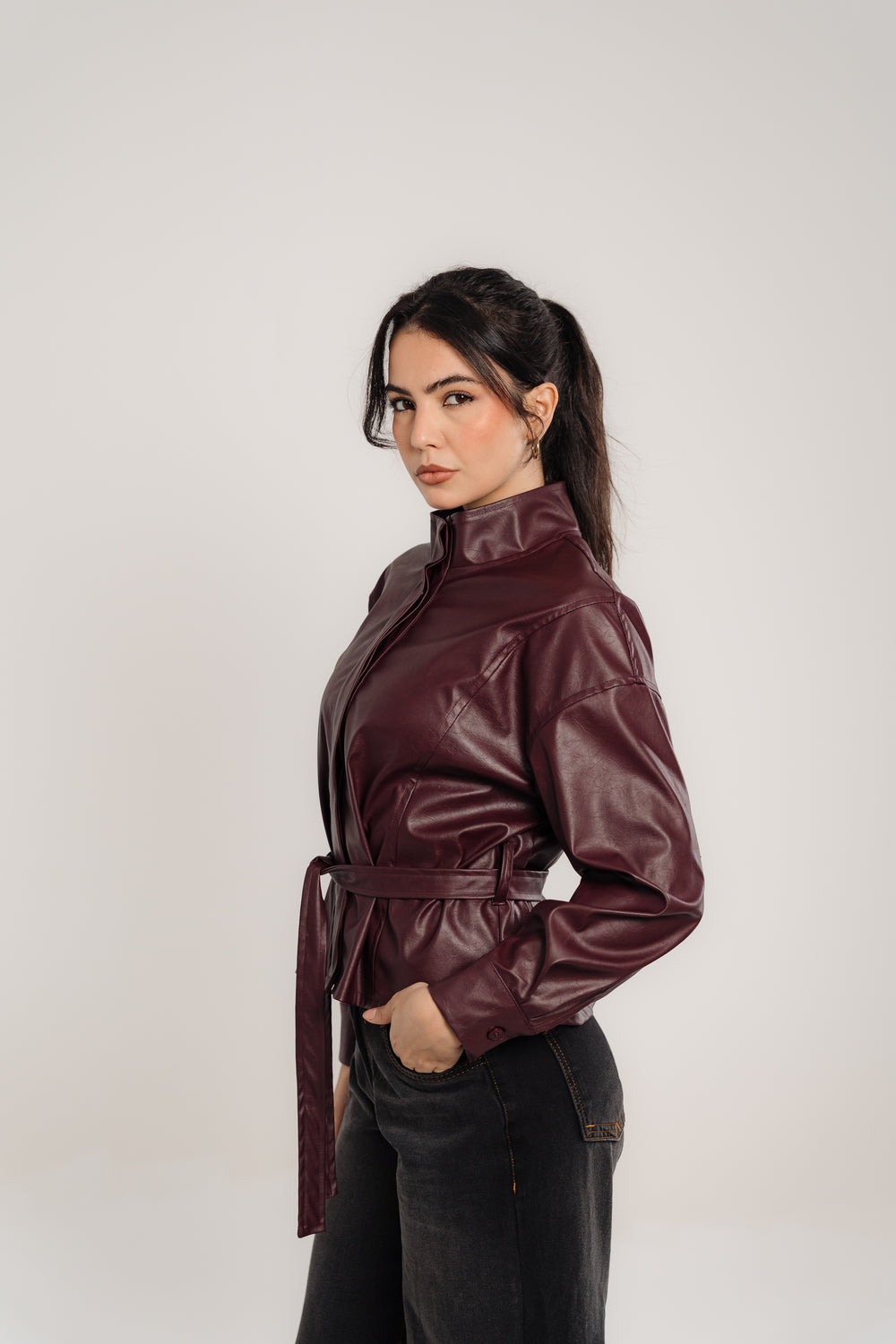 Wine Leather Belted Light Jacket