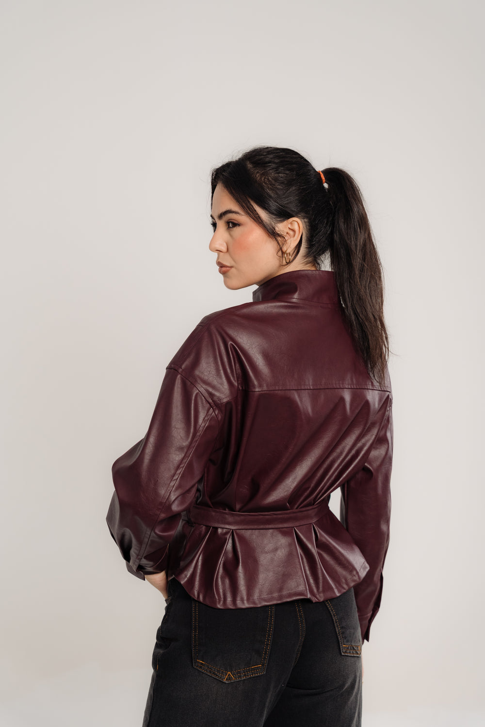 Wine Leather Belted Light Jacket