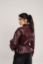 Wine Leather Belted Light Jacket