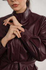 Wine Leather Belted Light Jacket