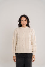 Cable-Knit Crewneck Sweater In Cream