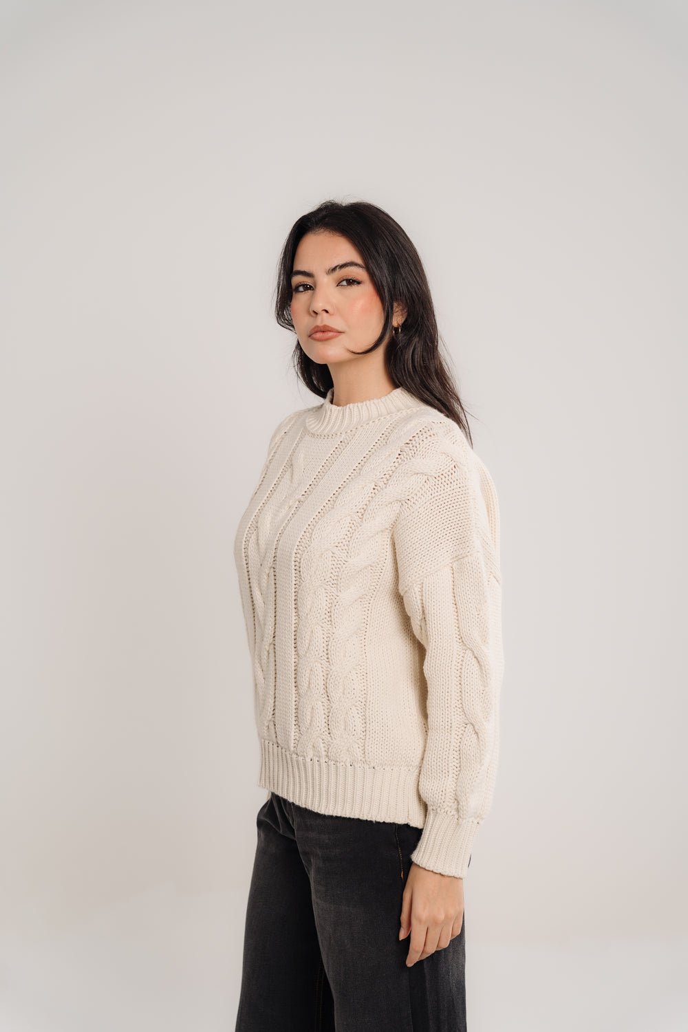 Cable-Knit Crewneck Sweater In Cream