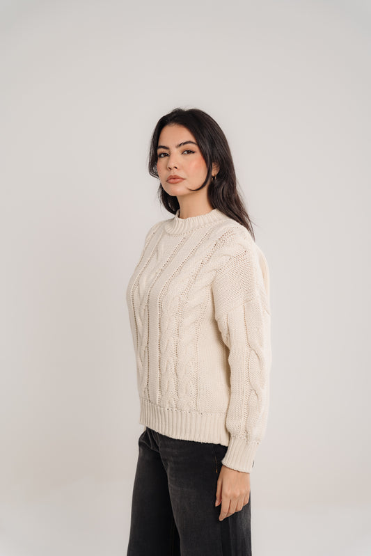 Cable-Knit Crewneck Sweater In Cream