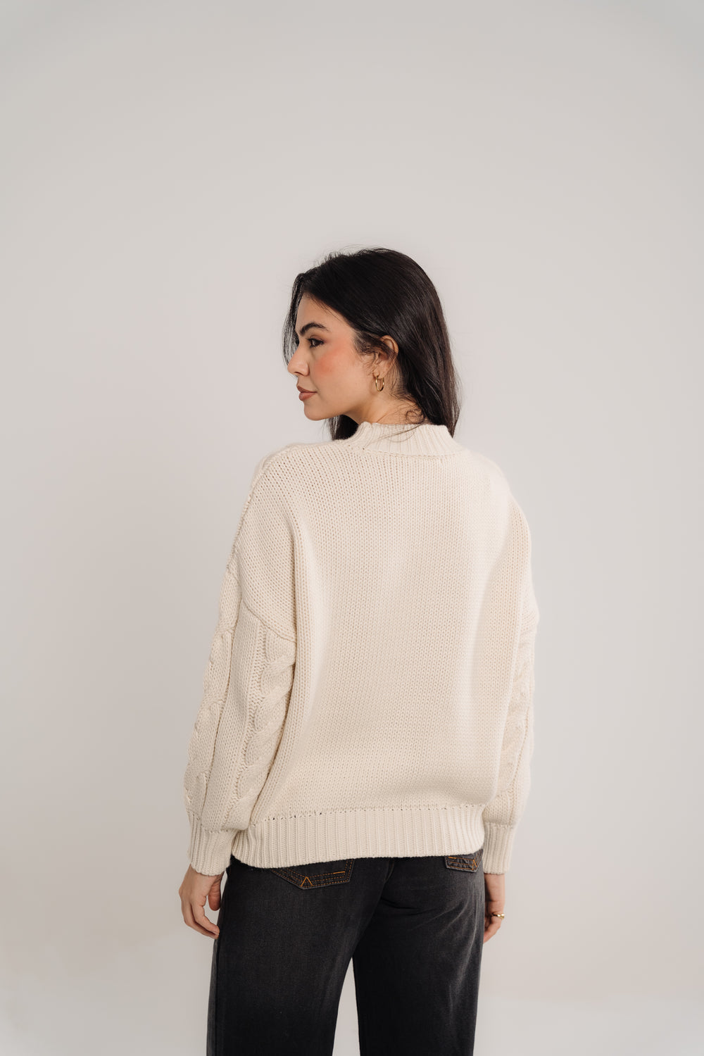 Cable-Knit Crewneck Sweater In Cream