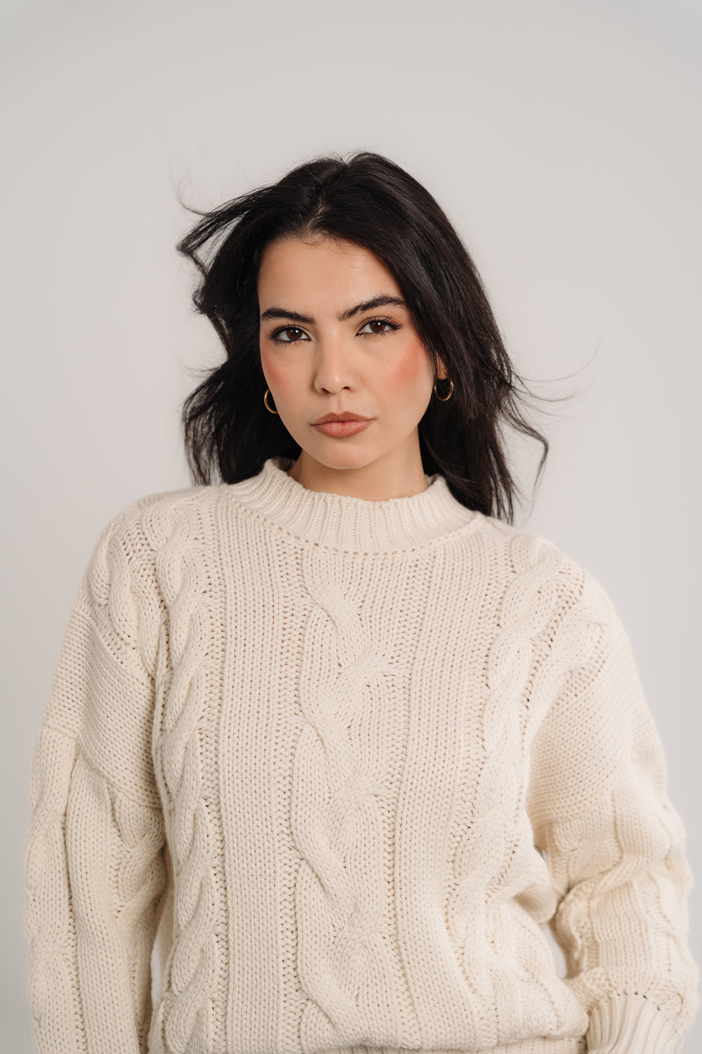 Cable-Knit Crewneck Sweater In Cream