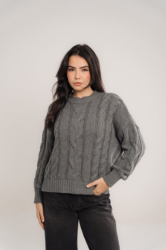 Cable-Knit Crewneck Sweater In Grey