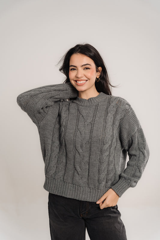 Cable-Knit Crewneck Sweater In Grey