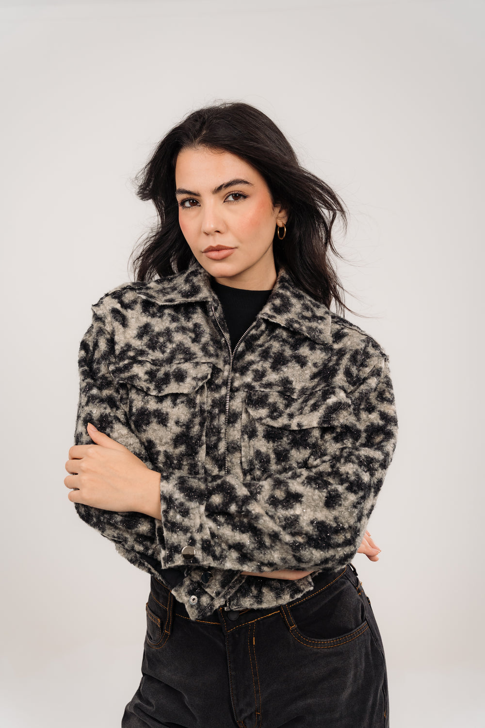 Leopard Print Cropped Fur Jacket
