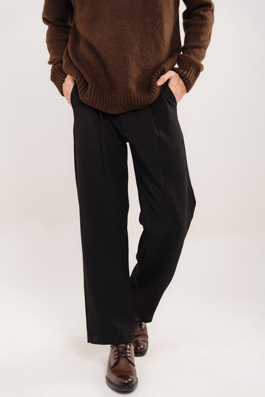 Men's Black Pleated Wide-Leg Trousers