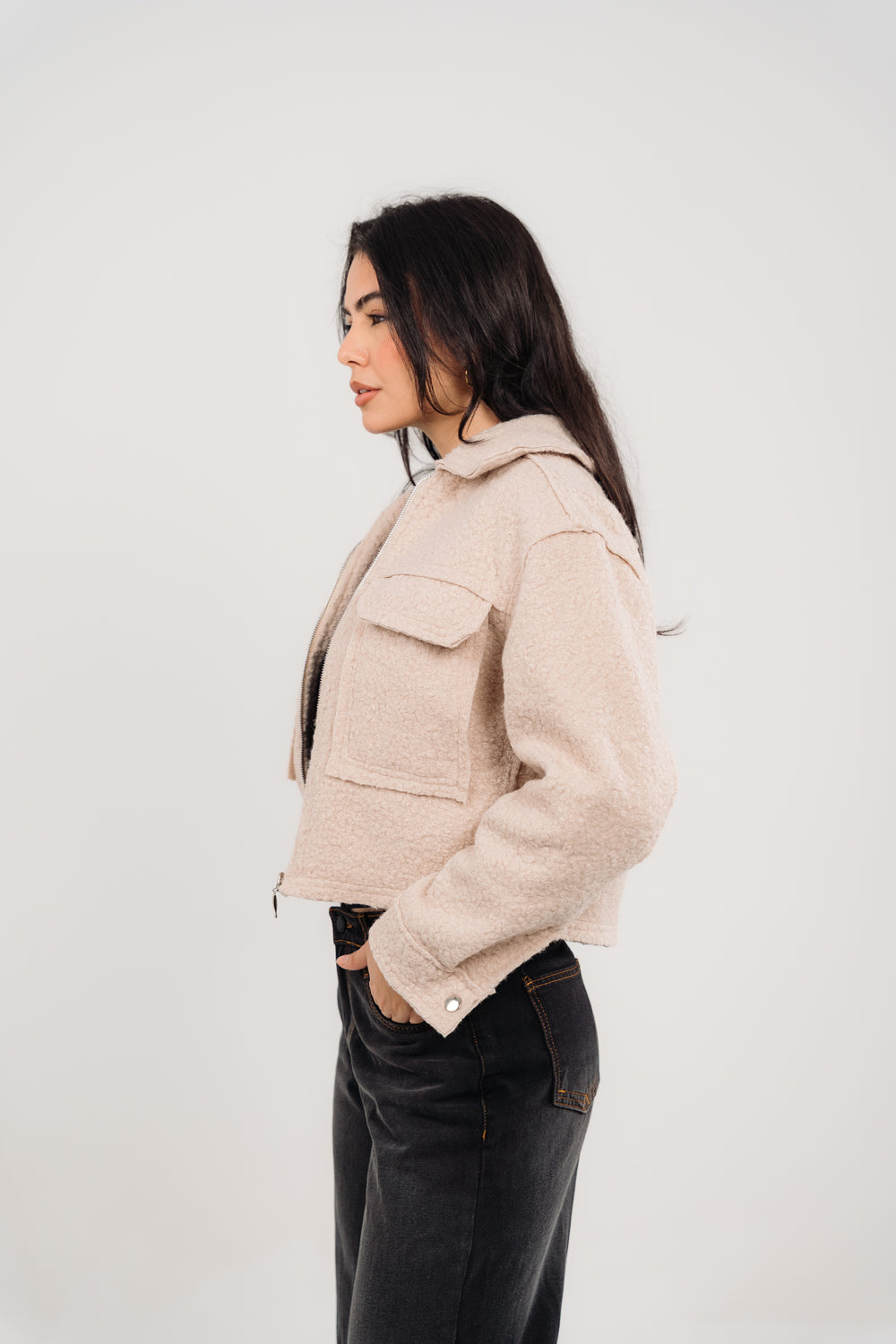 Beige Cropped Fur Jacket