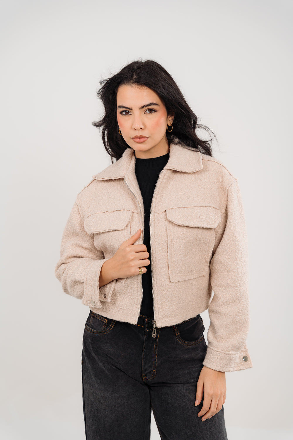 Beige Cropped Fur Jacket