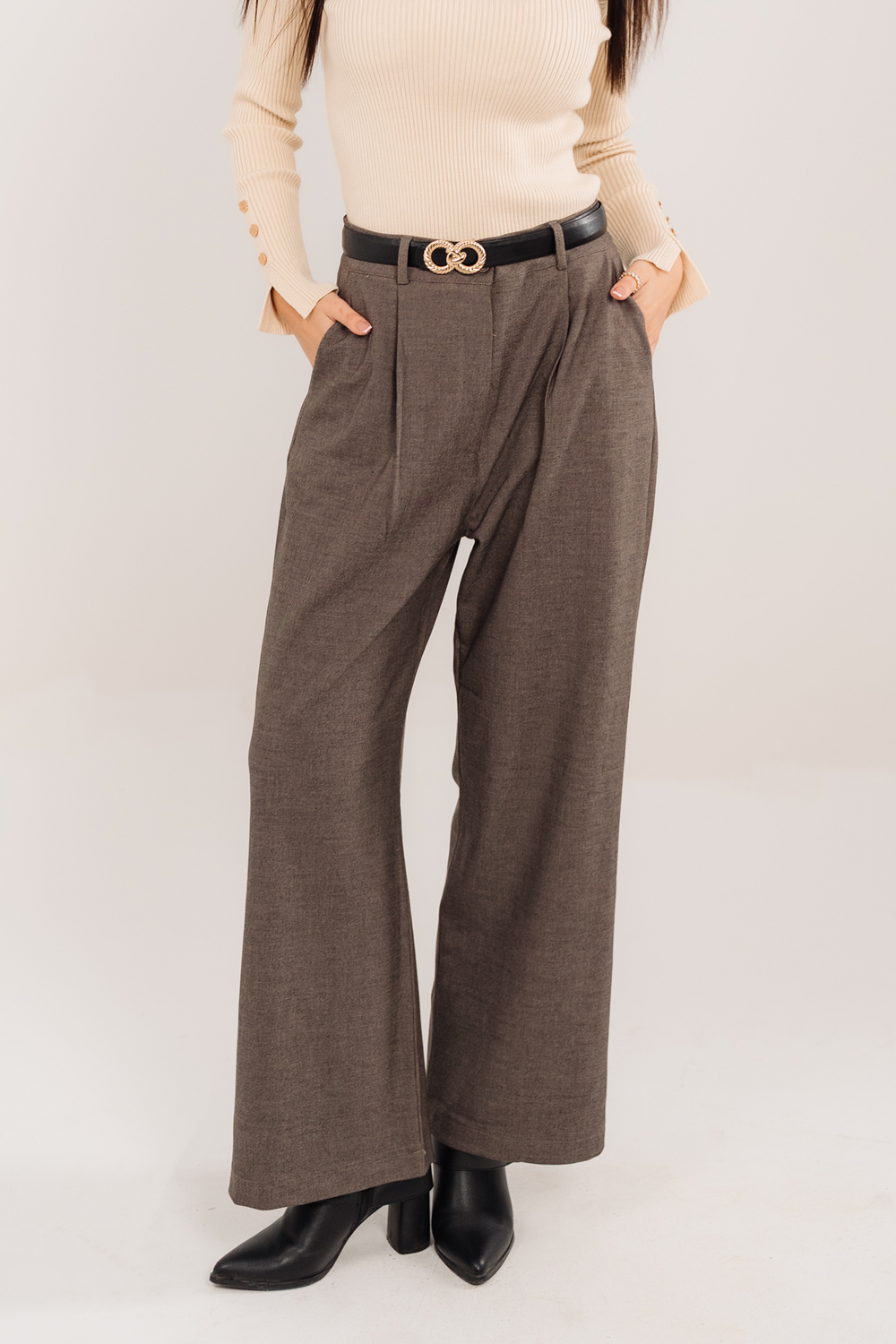 Belted Tailored Trousers In Dark Beige