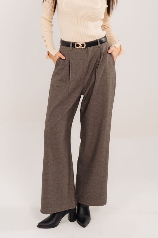 Belted Tailored Trousers In Dark Beige