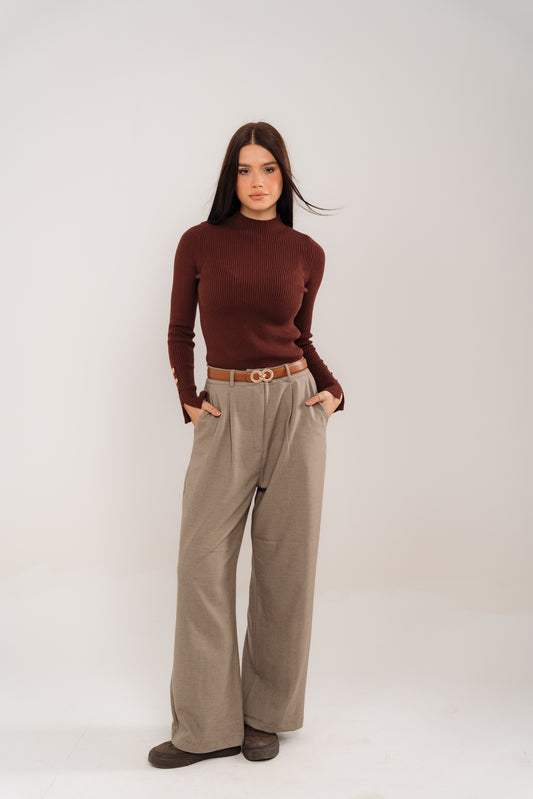 Greige Belted Tailored Trousers