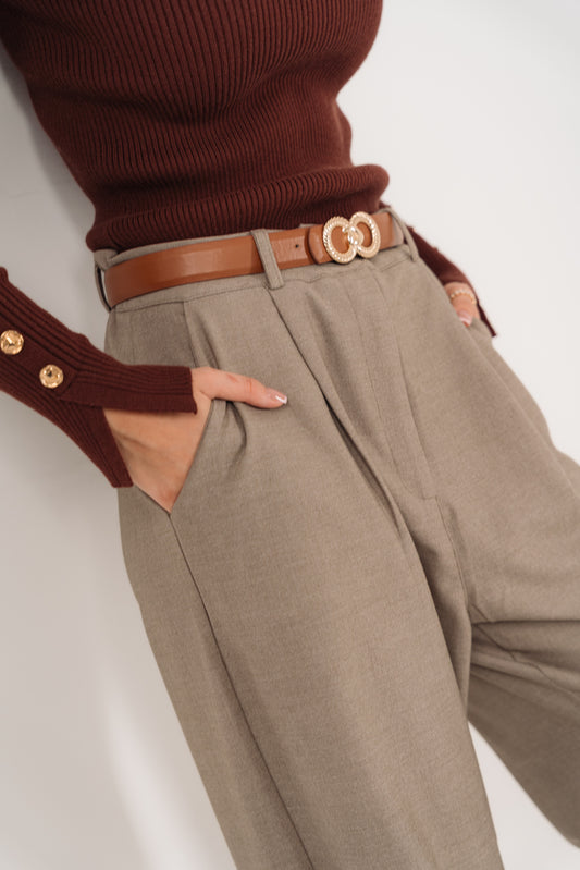 Greige Belted Tailored Trousers