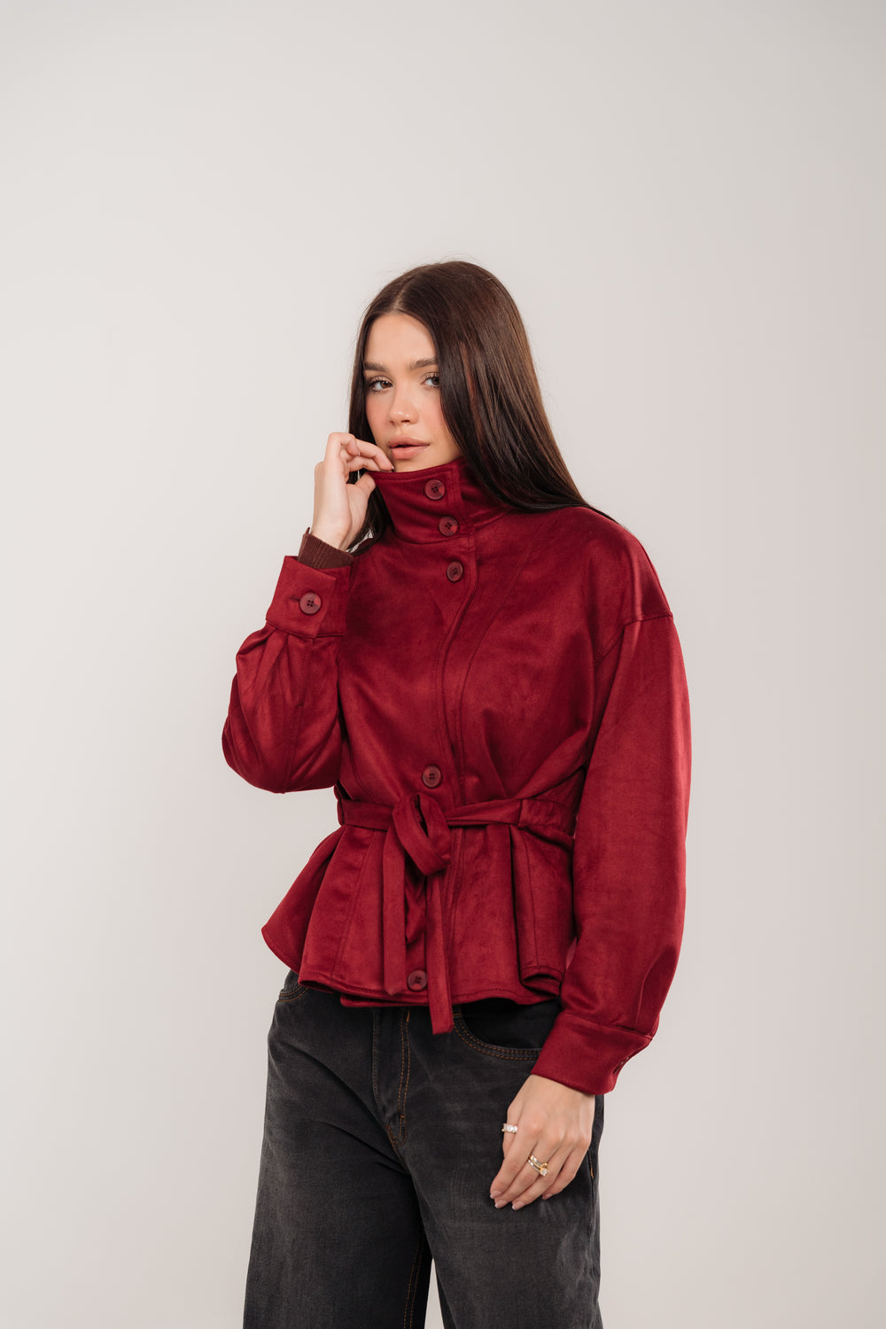 Burgundy Suede Belted Jacket