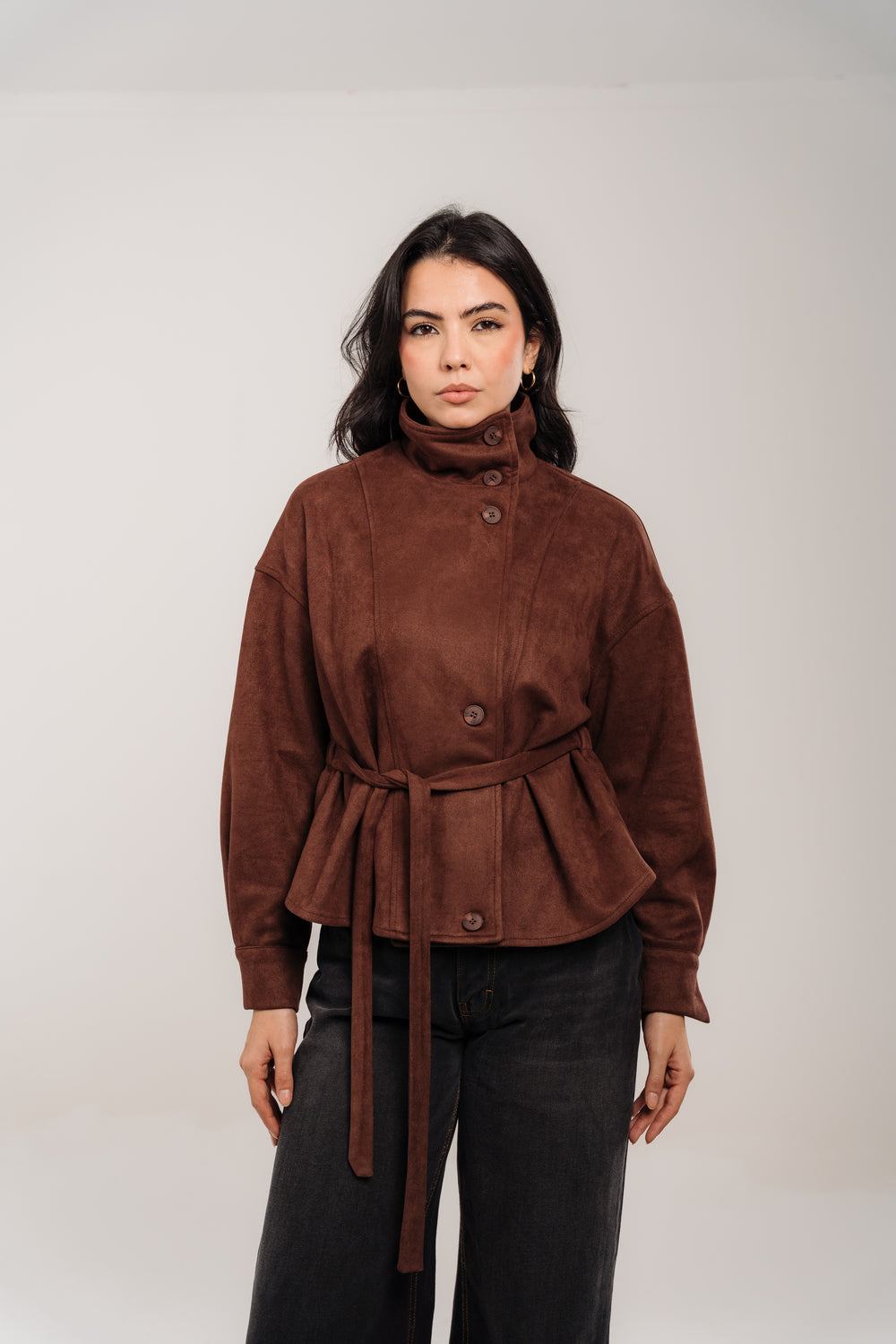 Suede Belted Jacket In Brown