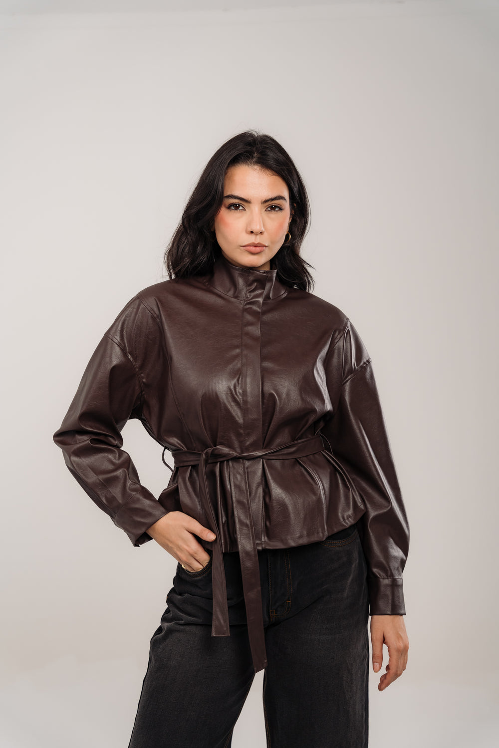 Chocolate Brown Leather Belted Light Jacket