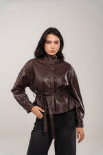 Chocolate Brown Leather Belted Light Jacket