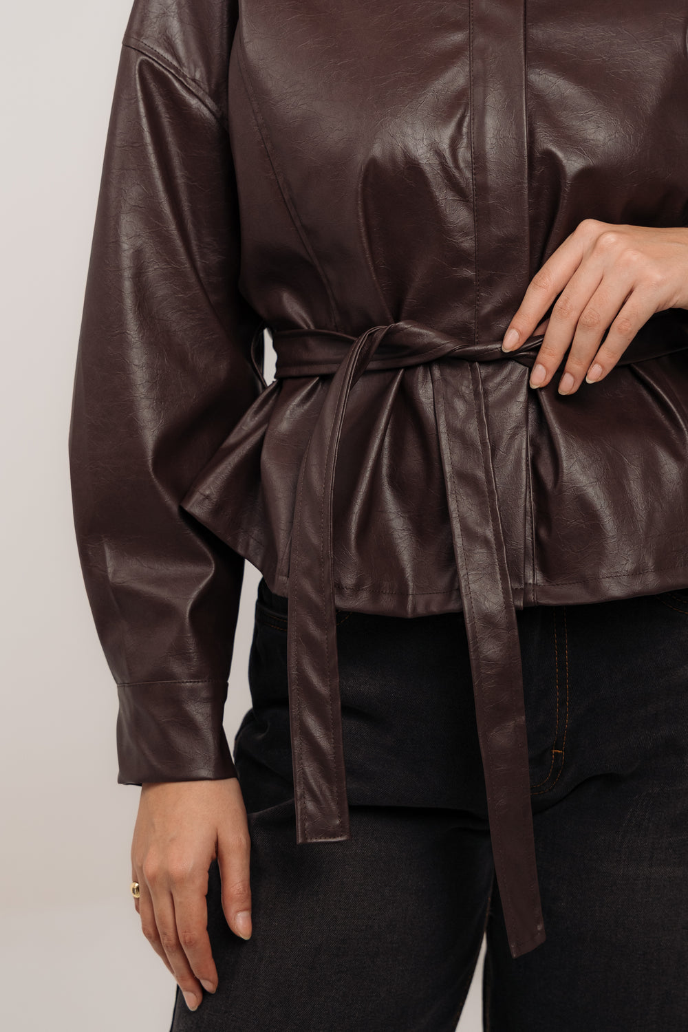 Chocolate Brown Leather Belted Light Jacket