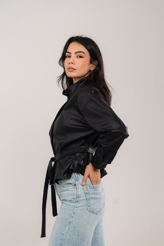 Black Leather Belted Light Jacket