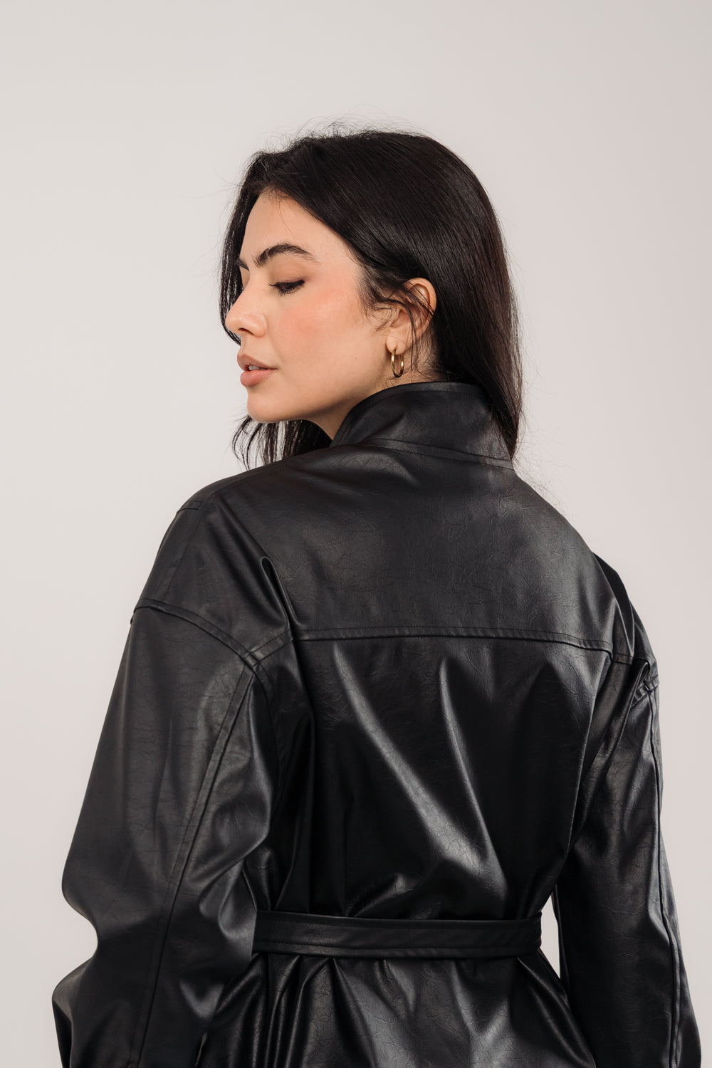 Black Leather Belted Light Jacket