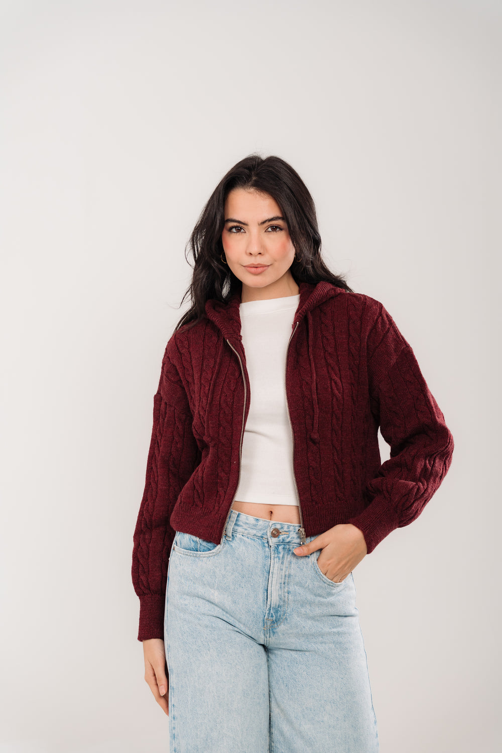 Women’s Cable Knit Zip Sweater – Deep Burgundy