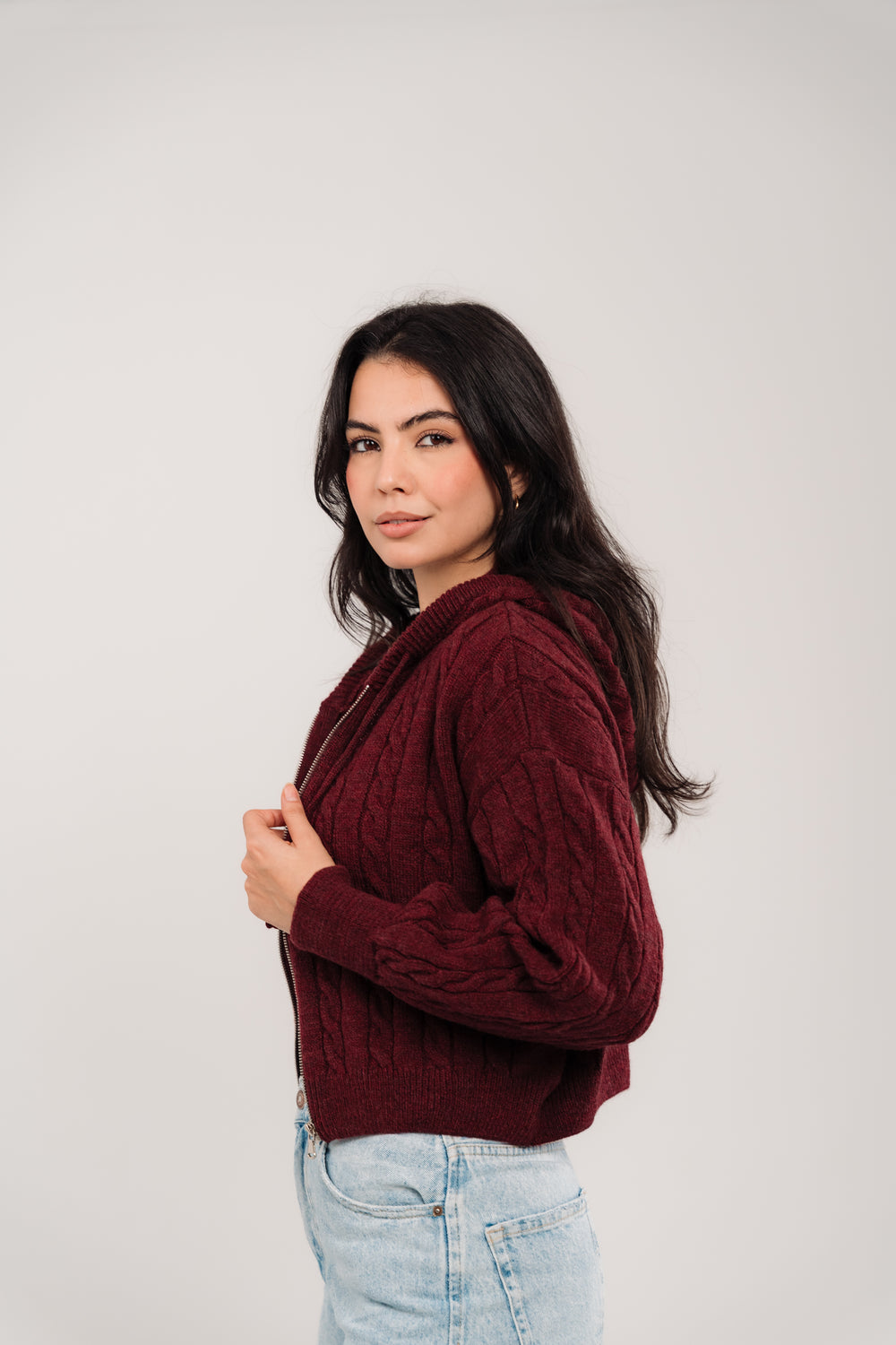 Women’s Cable Knit Zip Sweater – Deep Burgundy