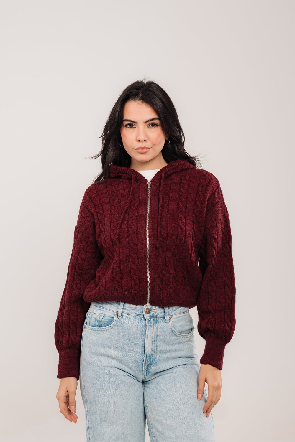 Women’s Cable Knit Zip Sweater – Deep Burgundy