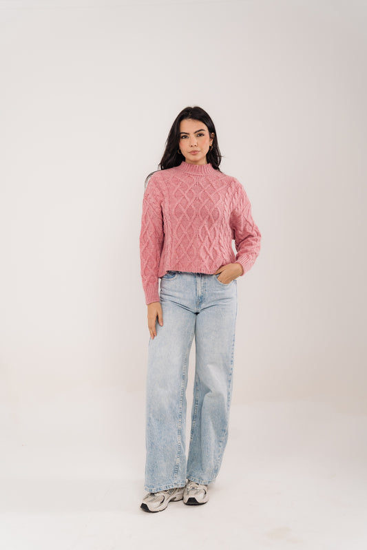 High Neck Cable Knit Sweater in Pink