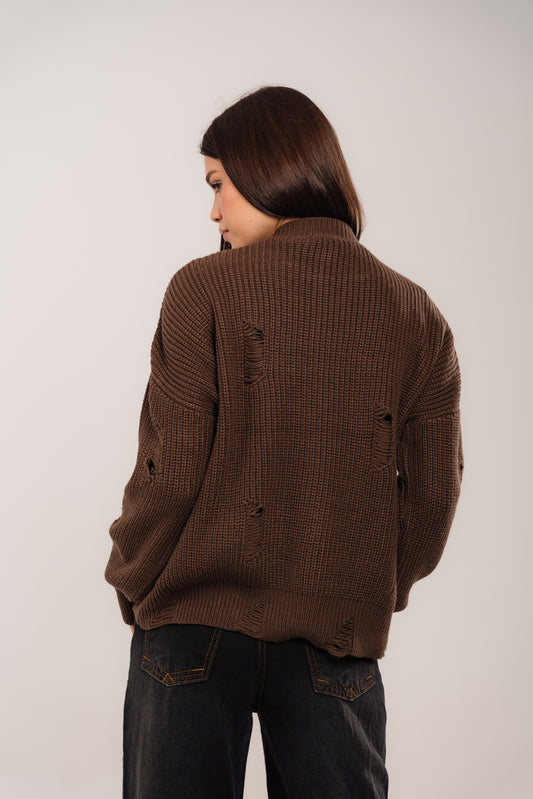 distressed knit sweater In Brown