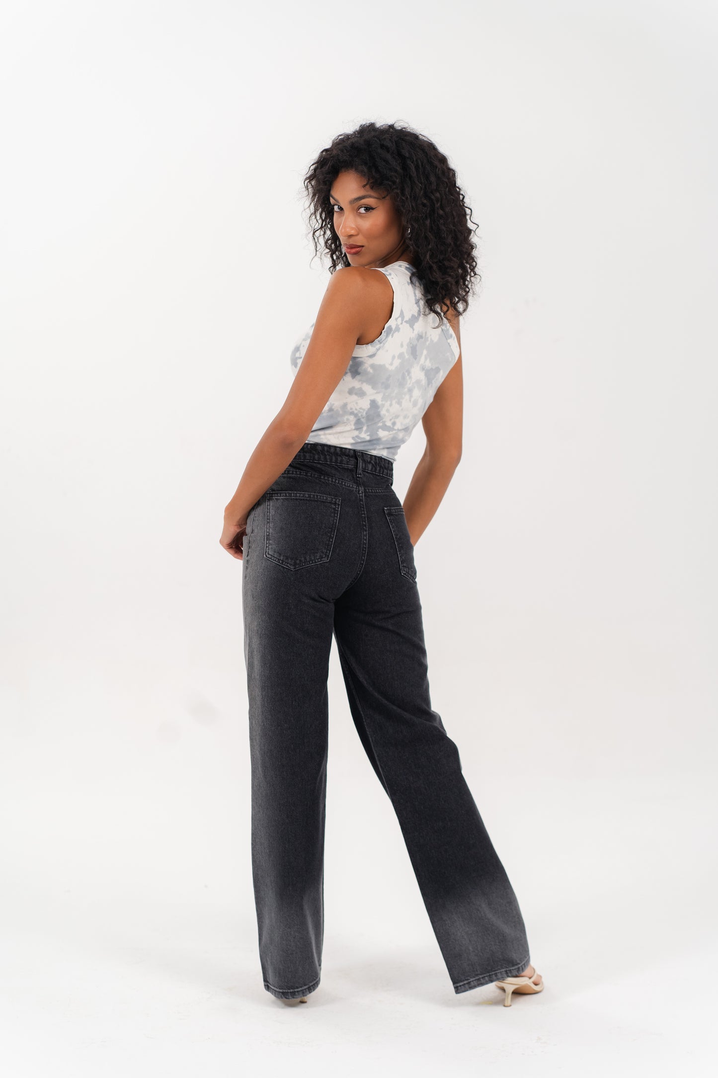 Women High-Waisted Washed Black Wide-Leg Jeans