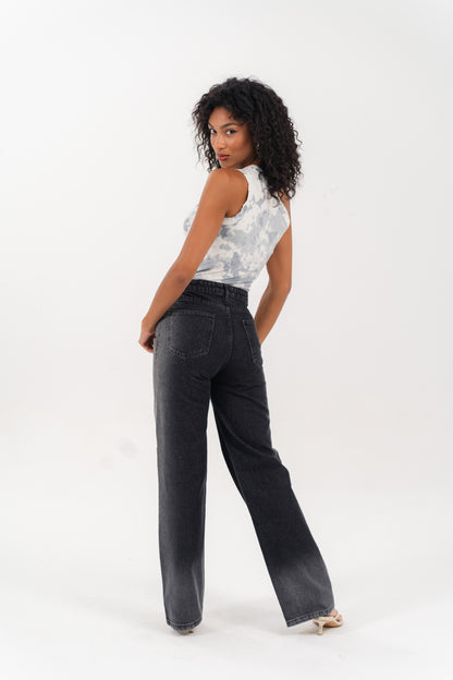Women High-Waisted Washed Black Wide-Leg Jeans