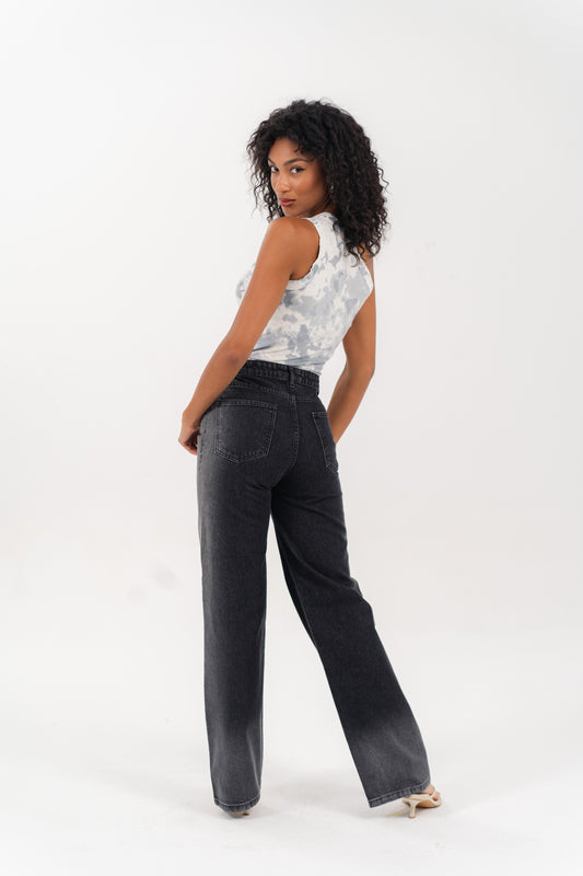 Women High-Waisted Washed Black Wide-Leg Jeans