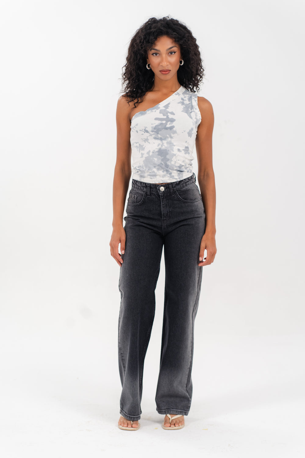 Women High-Waisted Washed Black Wide-Leg Jeans