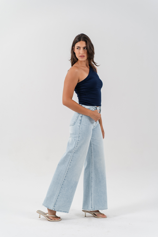 Women High-Waisted, Light Blue-Wash Wide-Leg Jeans.