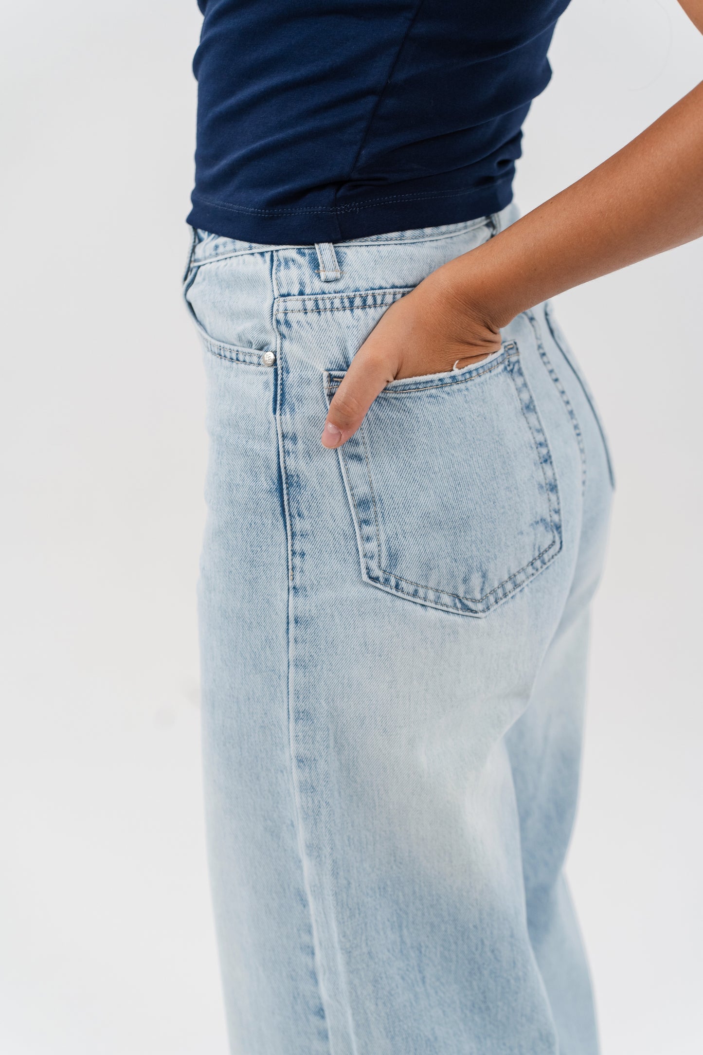 Women High-Waisted, Light Blue-Wash Wide-Leg Jeans.