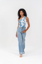 Women's wide leg Light Blue jeans with ripped hem