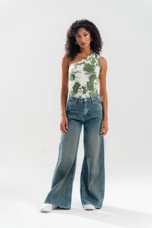 Women High-Waisted, Dark Blue-Wash Wide-Leg Jeans.