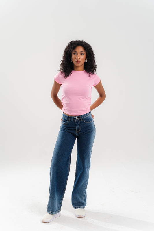Women High-Waisted Washed Blue Wide-Leg Jeans