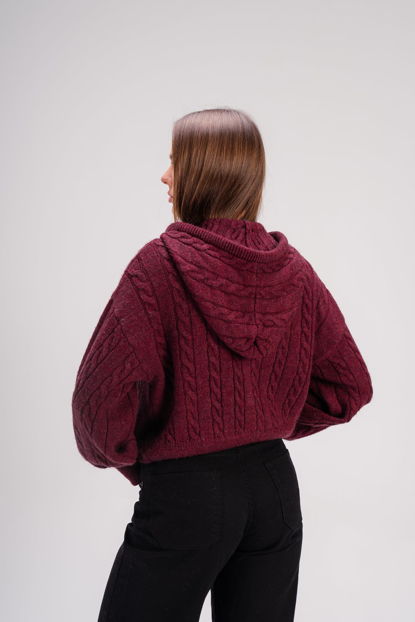 Women’s Cable Knit Zip Sweater – Deep Burgundy