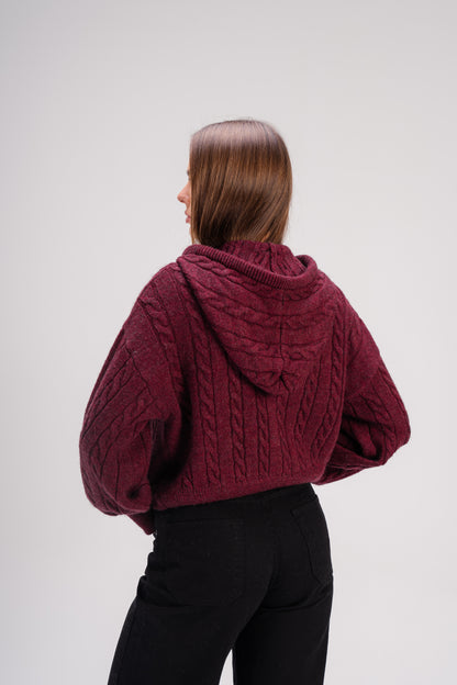 Women’s Cable Knit Zip Sweater – Deep Burgundy