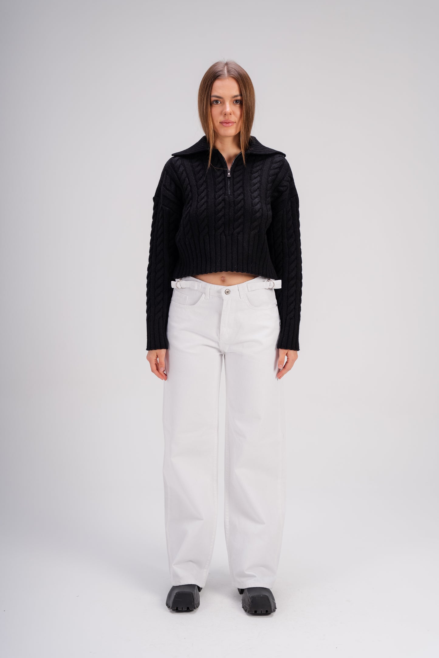 Black Ribbed Knit Zipper Sweater