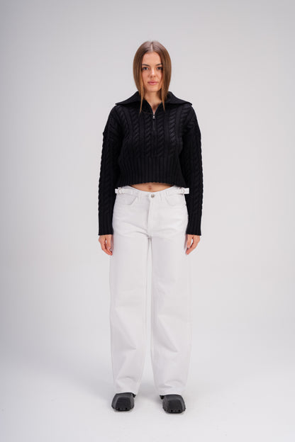 Black Ribbed Knit Zipper Sweater