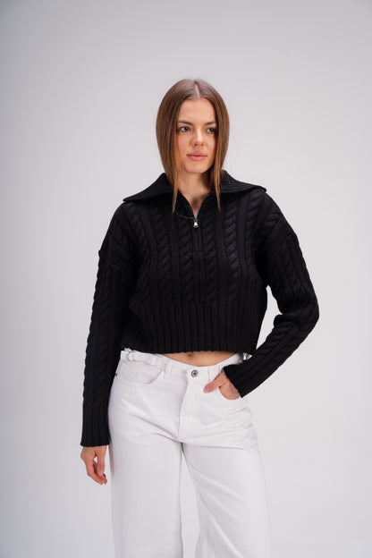 Black Ribbed Knit Zipper Sweater