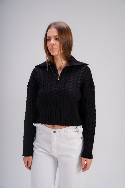Black Ribbed Knit Zipper Sweater