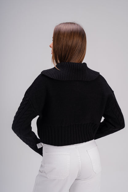 Black Ribbed Knit Zipper Sweater