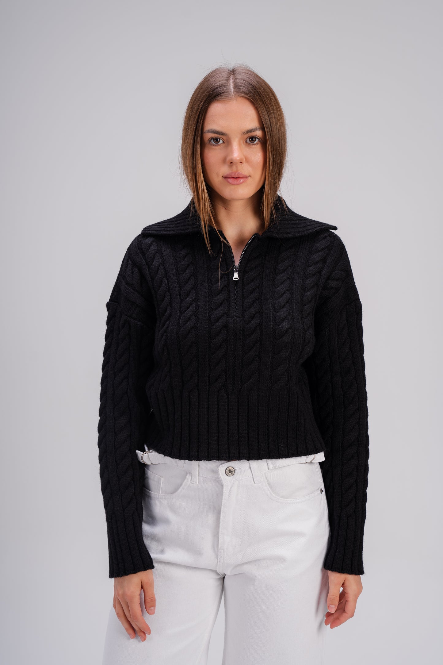 Black Ribbed Knit Zipper Sweater